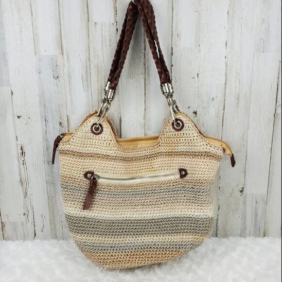 The Sak Striped Crochet Leather Strap Multi Color Hobo Purse Shoulder Bag - Picture 1 of 11